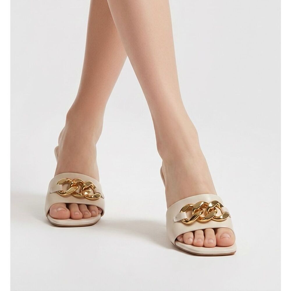 Faux leather beige and gold flat sandals size 7.5